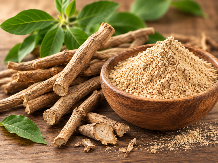 Fresh ashwagandha root and powder